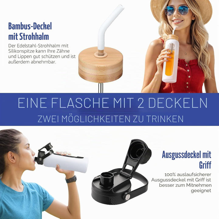 BLUEGO 700ml Glaswasserflasche mit Strohhalm und 2 Deckeln Kaffeetasse aus Glas mit Zeitmarkierung u