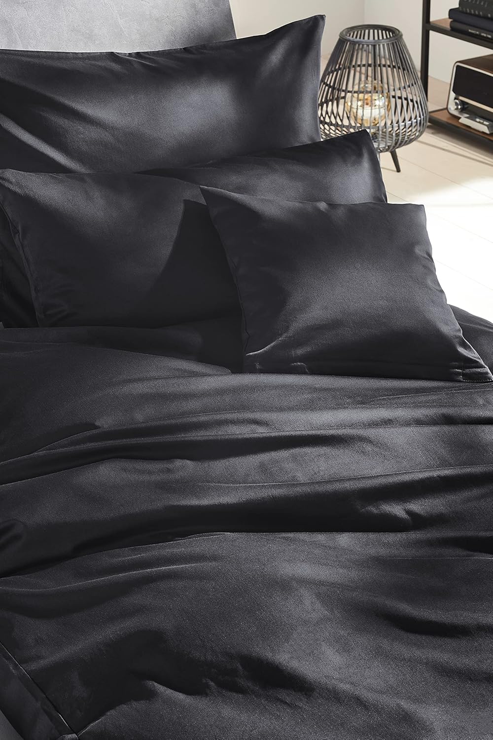 Beddress - Luxus-Satin-Bettwäsche, Uni Schwarz, 200x200 + 2x80x80 cm, 100% gekämmte Baumwolle, OekoT