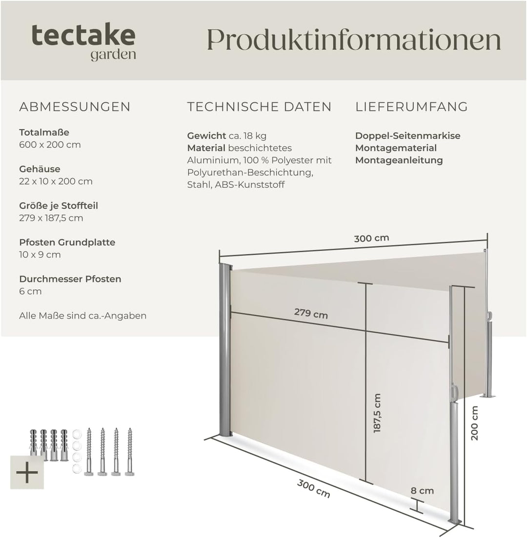 tectake Aluminium Doppel- Seitenmarkise Sonnenschutz Sichtschutz Gehäuse und Standpfosten - Diverse