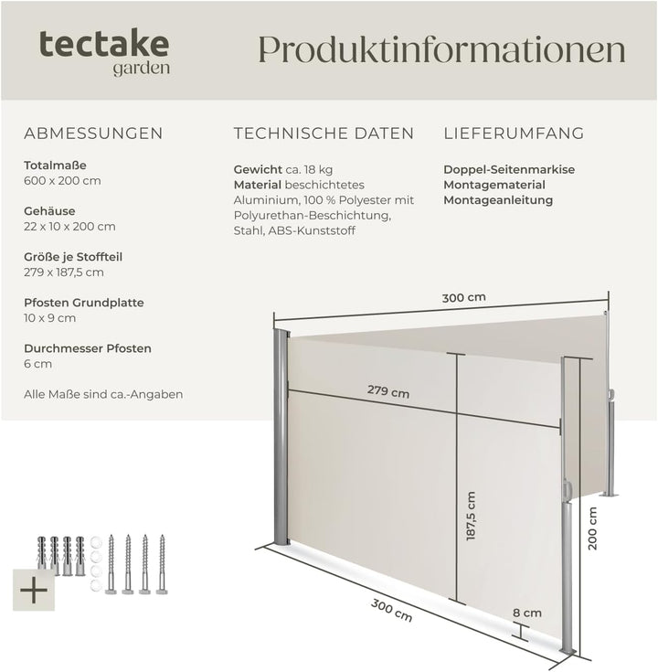 tectake Aluminium Doppel- Seitenmarkise Sonnenschutz Sichtschutz Gehäuse und Standpfosten - Diverse
