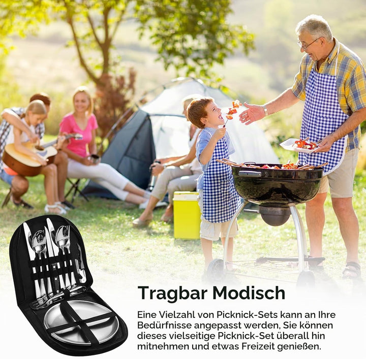 Campingbesteck Set für 2 Personen, Tragbares Edelstahl Outdoor Geschirr Set für Camping, Picknick un