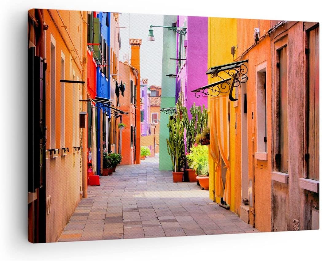 Bilder auf Leinwand Sommer Strasse Haus Leinwandbild mit Rahmen 70x50cm Wandbilder Dekoration Wohnzi