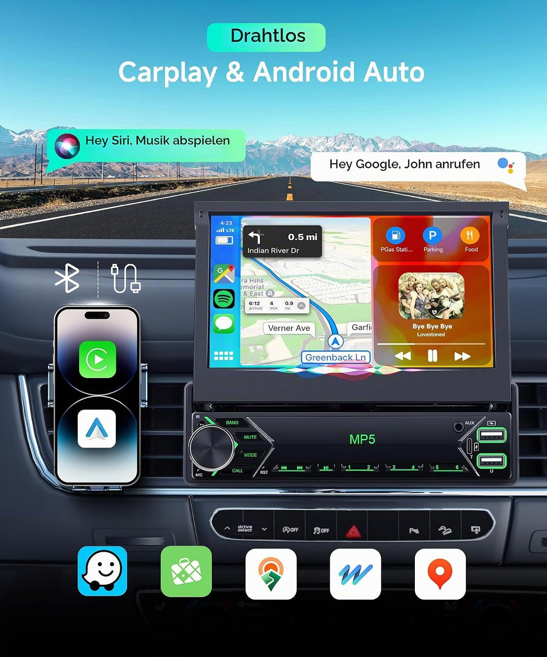 Autoradio 1 Din Carplay Android Auto Wireless mit 7 Zoll Manuell einziehbar Bildschirm,FM Radio mit
