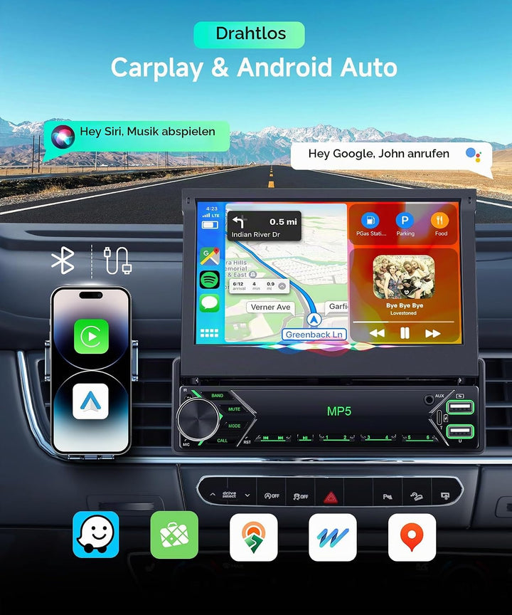 Autoradio 1 Din Carplay Android Auto Wireless mit 7 Zoll Manuell einziehbar Bildschirm,FM Radio mit