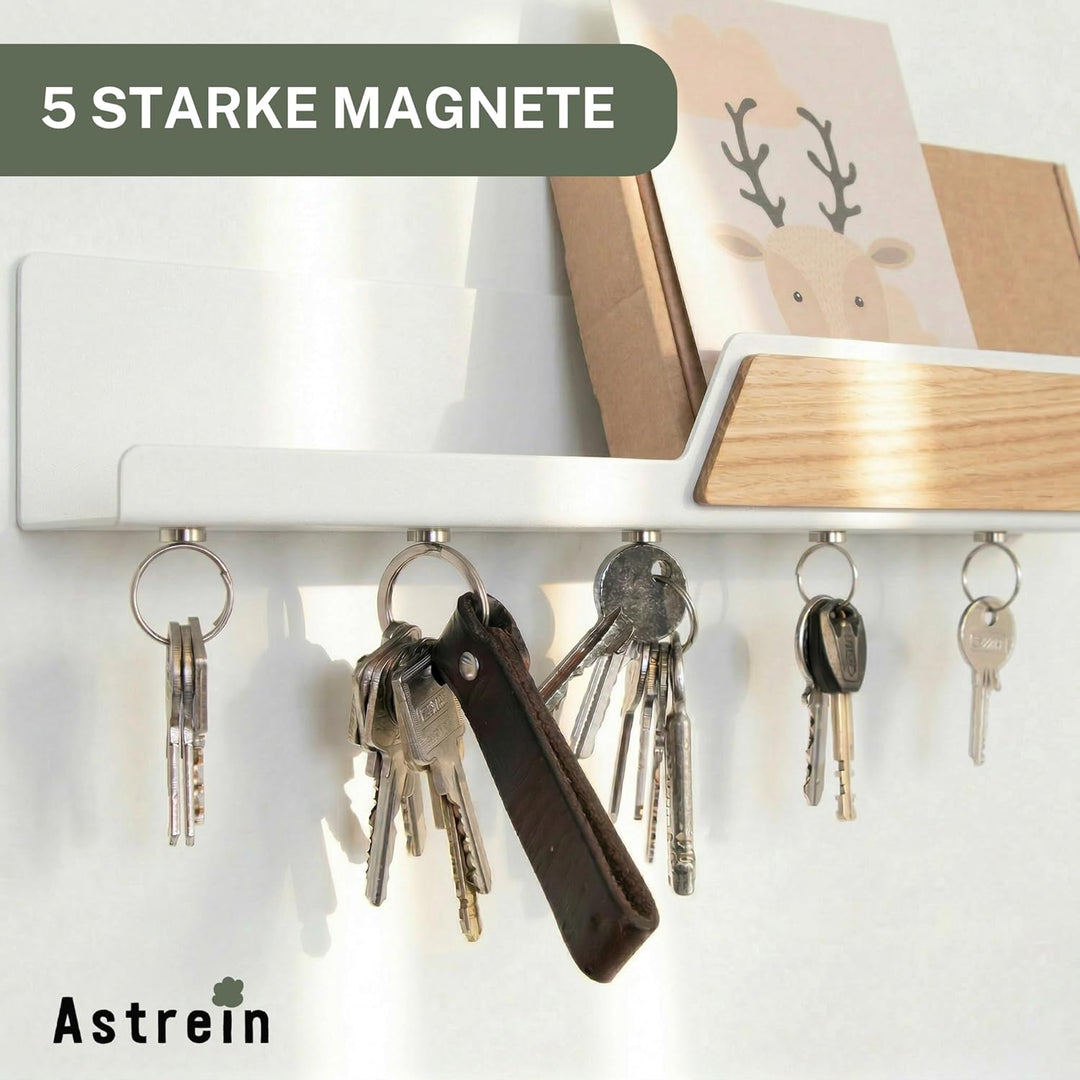 Astrein® | Schlüsselbrett Magnetisch | Schlüsselboard aus Holz | Eiche | Schlüsselhalter mit Ablage