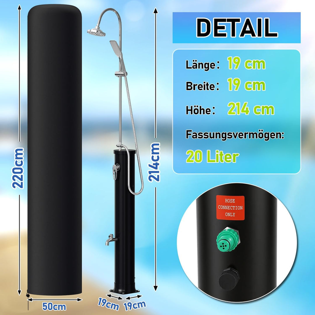 Solardusche 20 L mit Wasserhahn-Arm in halber Höhe – Platzsparende Aussendusche inkl. UV-Schutzhaube