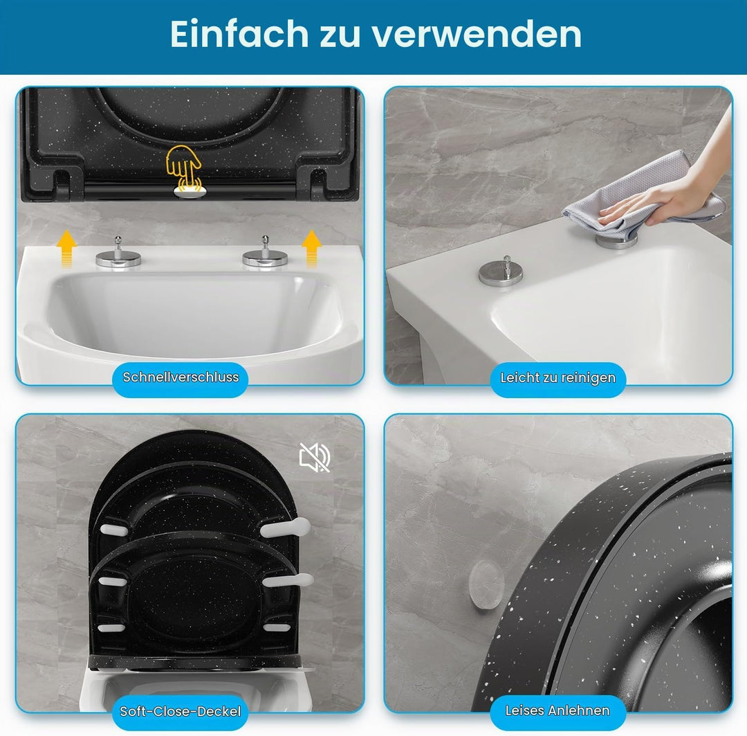 Toilettendeckel mit Absenkautomatik, WC Sitz D Form aus Duroplast, Schwarz Marmor Klodeckel mit Quic