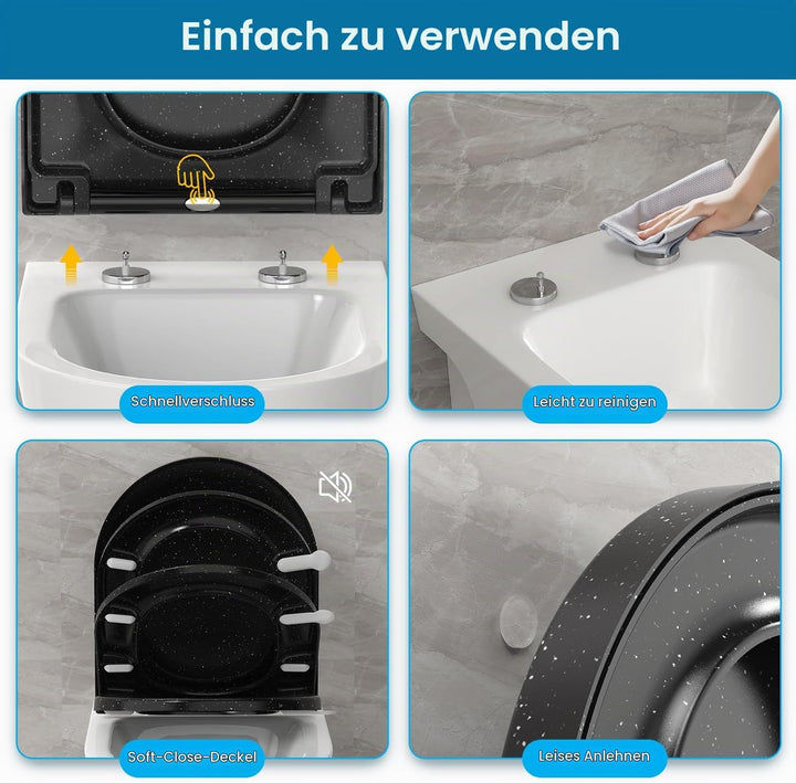 Toilettendeckel mit Absenkautomatik, WC Sitz D Form aus Duroplast, Schwarz Marmor Klodeckel mit Quic