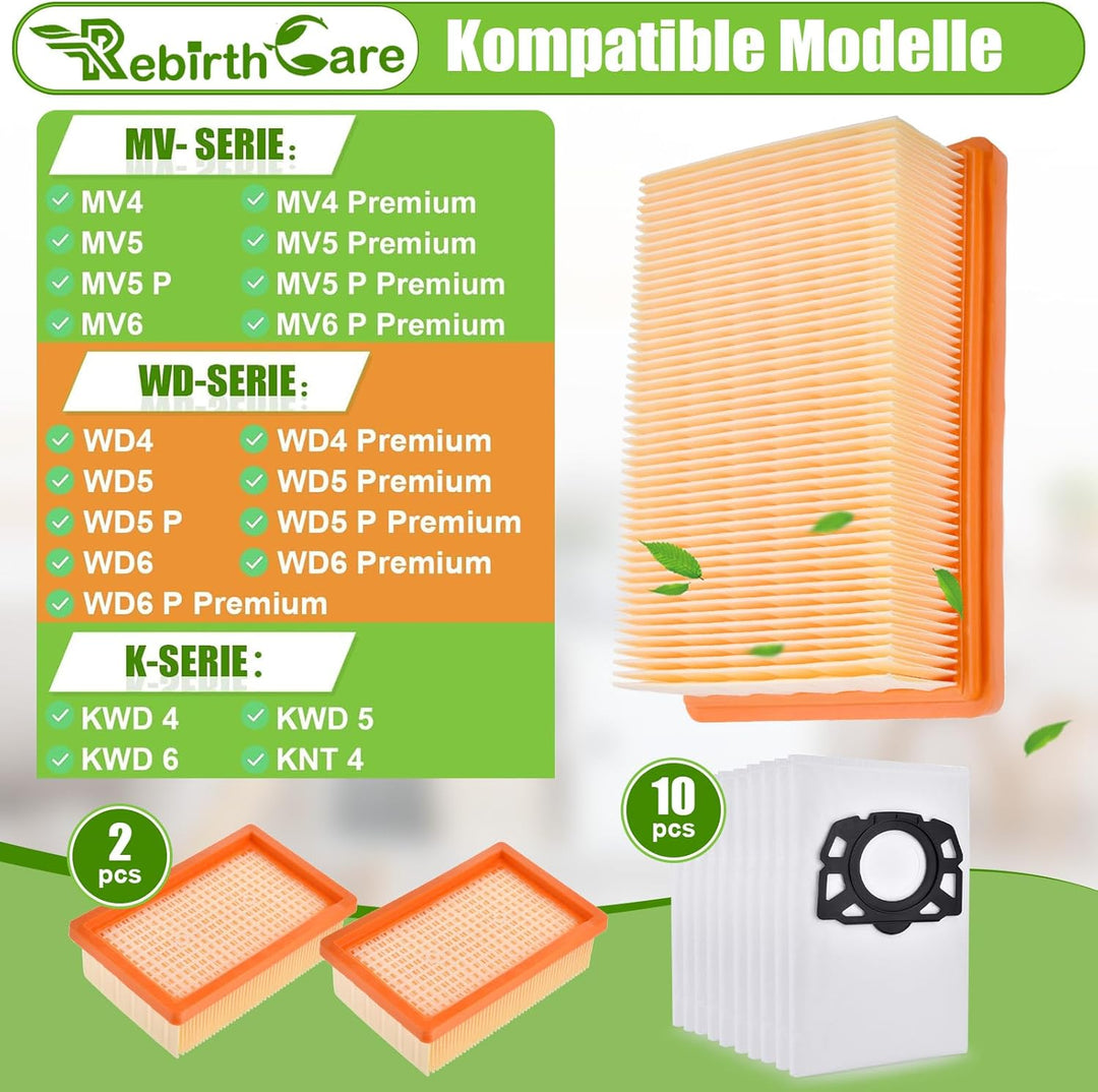 10 Stück Staubsaugerbeutel und 2 Filter als Ersatz für Kärcher WD5 WD6 WD4 WD5P Premium MV4 MV5 MV6,