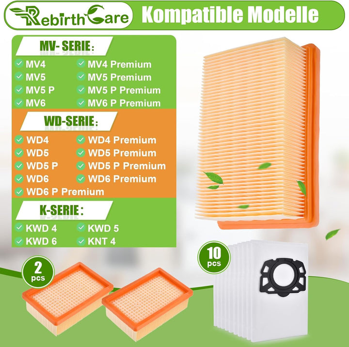 10 Stück Staubsaugerbeutel und 2 Filter als Ersatz für Kärcher WD5 WD6 WD4 WD5P Premium MV4 MV5 MV6,