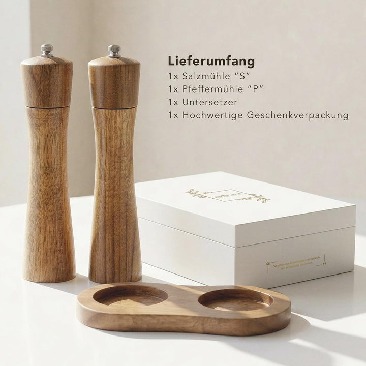 ElbFuchs Salz und Pfeffermühle Holz Set aus Akazienholz mit Untersetzer, 2 grosse Gewürzmühlen stufe