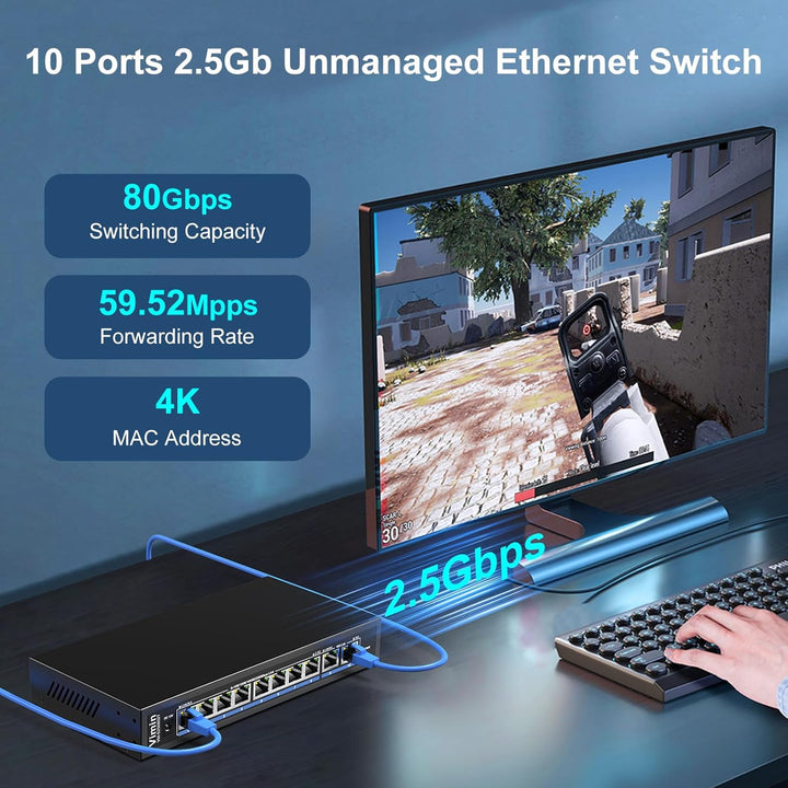 10 Port 10G/2.5G Ethernet-Switch mit Dual 10GBASE-T, Vimin 8x 2.5G + 2 x 10Gb RJ45 Ports Unmanaged S