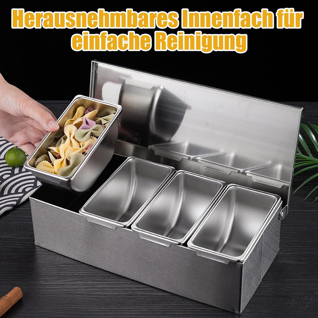 Zutatenbehälter Pizza, Edelstahl Gastronomie Zubehör, 4 Gitter Gewürzbox Beilagenbehälter, Barbehält