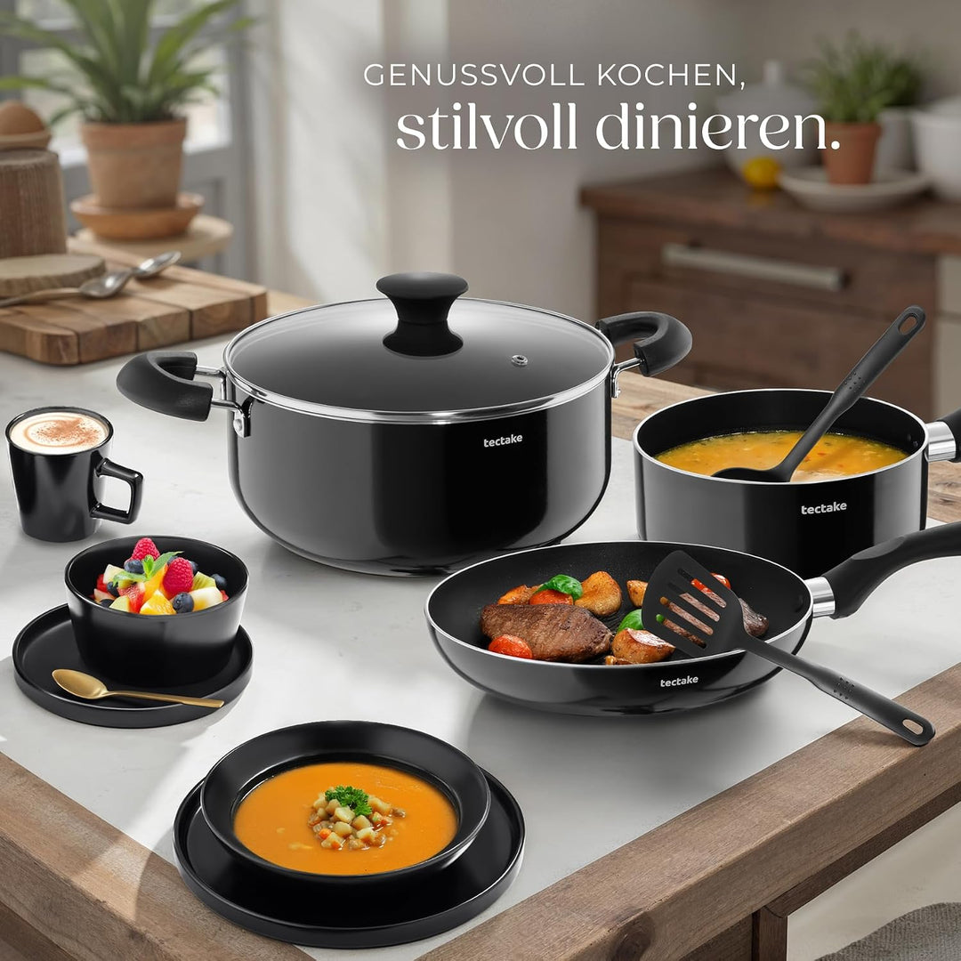 tectake® Küchenstarterset 6 Personen, Steingut Geschirr Set, Teller, 4 Töpfe 2 Pfannen rostfreies Al