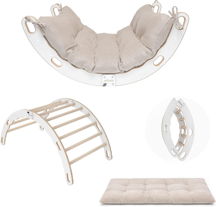 MAMOI® Kletter-Dreieck | Holz Klettergerüst Indoor | Kletterbogen mit Matte | Regenbogenwippe Holz |