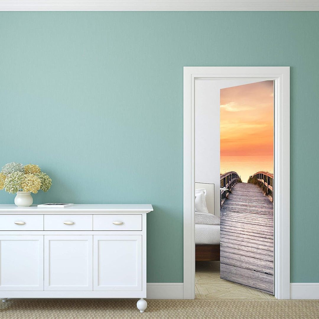 wandmotiv24 Türtapete Holz-steg zum Meer, Abend-rot, Sonne 70 x 200cm (B x H) - Dekorfolie selbstkle