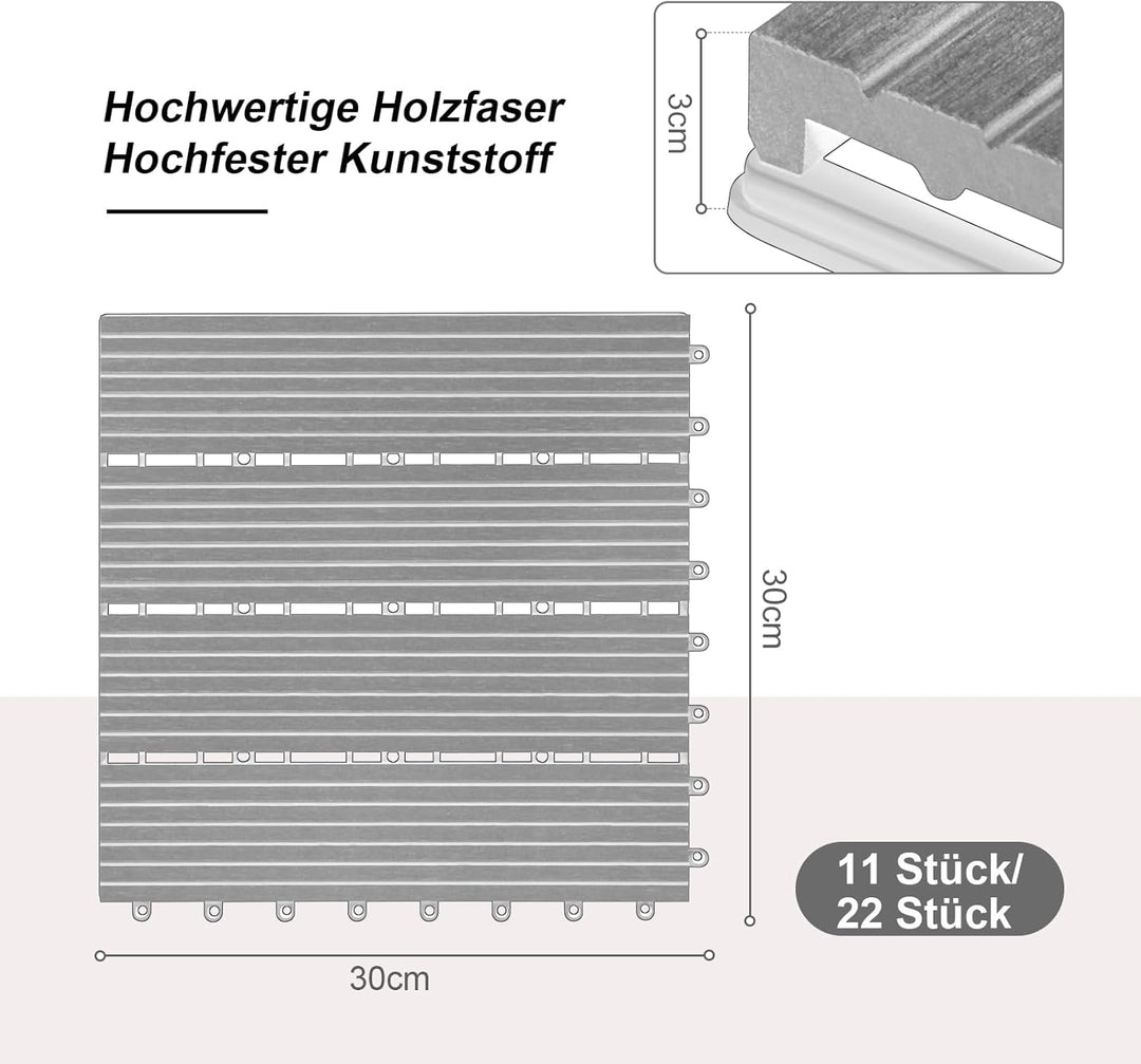 Laneetal WPC Fliesen 11er Set für 1 m², für Aussen Terrasse Balkon, Terrassenfliesen Klicksystem 30x