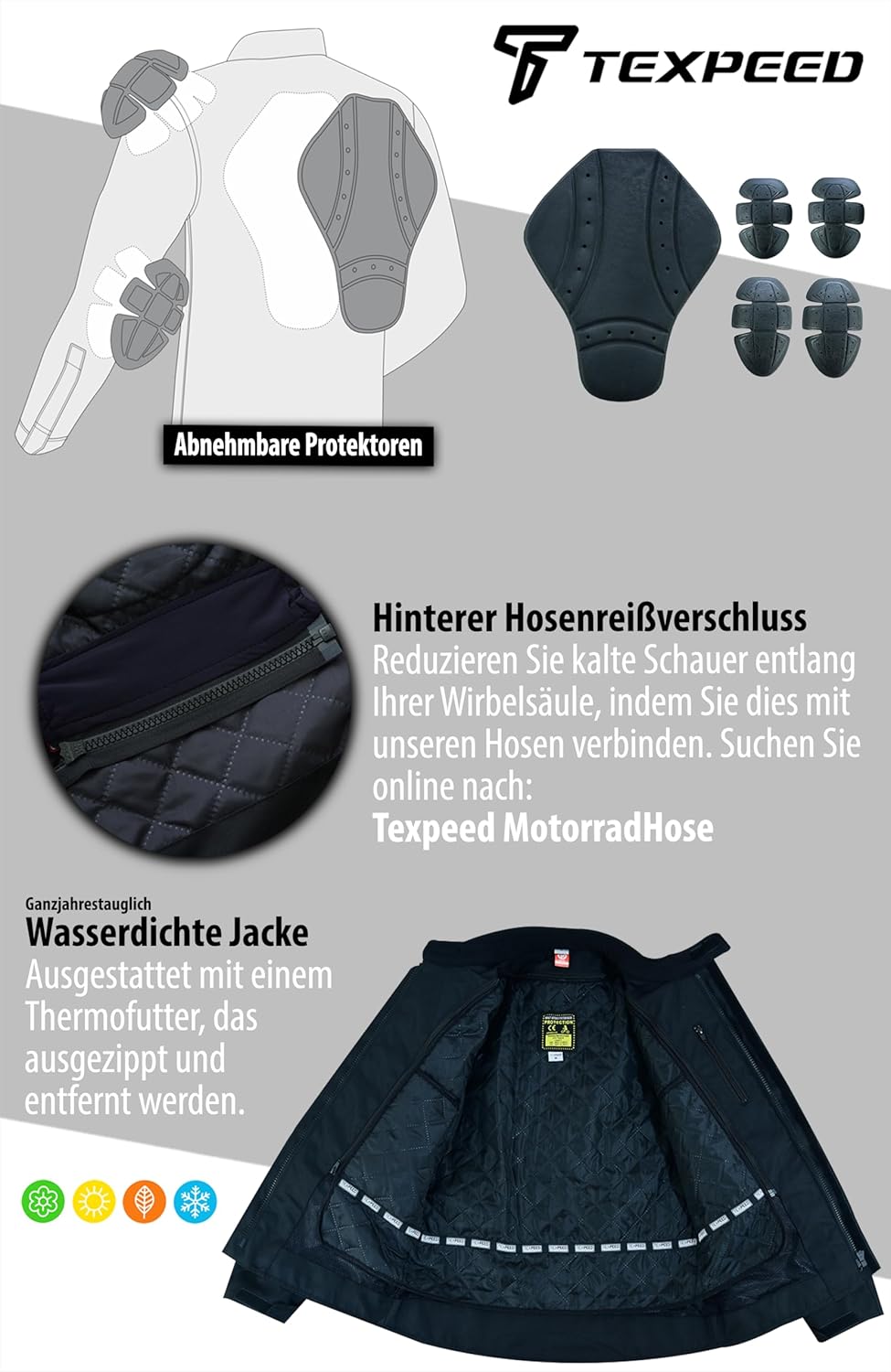 TEXPEED Motorradjacke herren mit protektoren - Motorrad Biker Wasserdicht Jacke Mit Rüstung (EN 1621