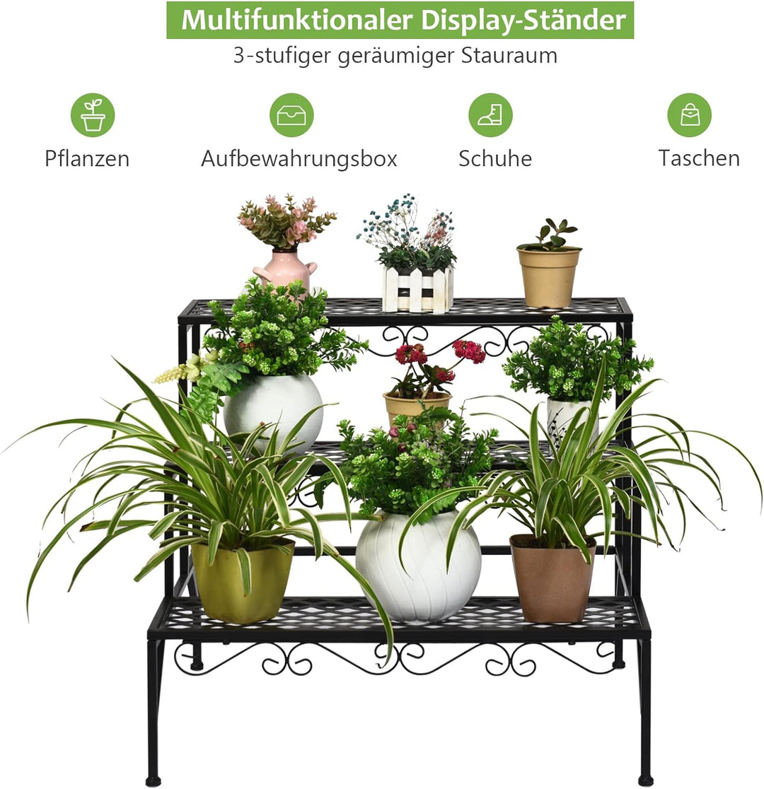 GOPLUS 3 Ebenen Metall Pflanzenständer, Blumentreppe Outdoor, Blumenregal Pflanzentreppe für Garten
