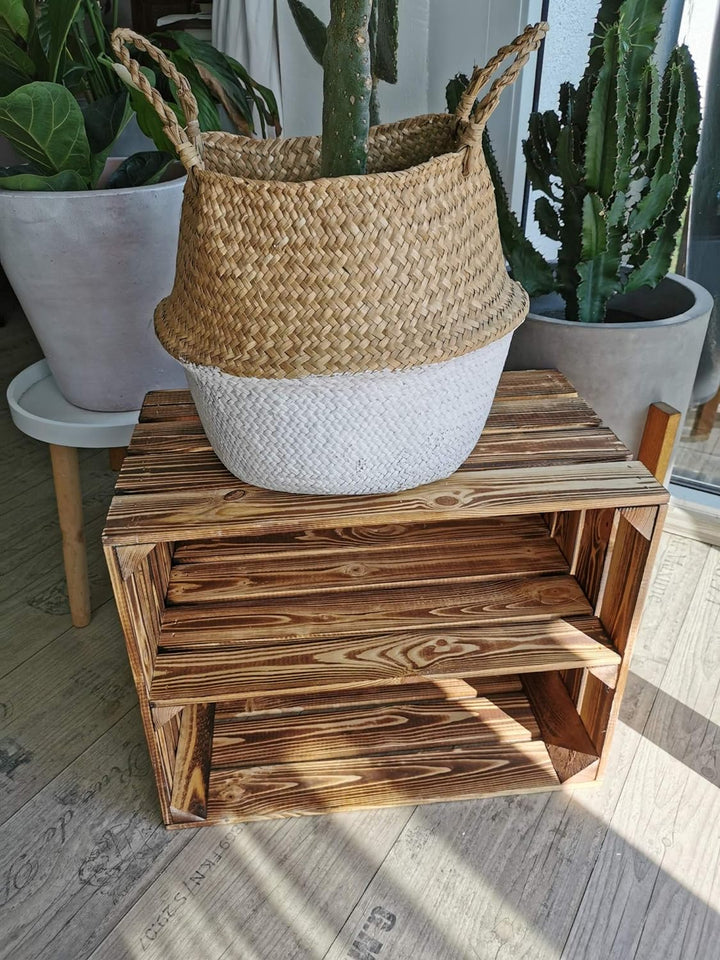 Massive Holzkisten als Schuhregal / Bücherregal LEICHT GEFLAMMT mit Zwischenbrett (verschraubt) Apfe