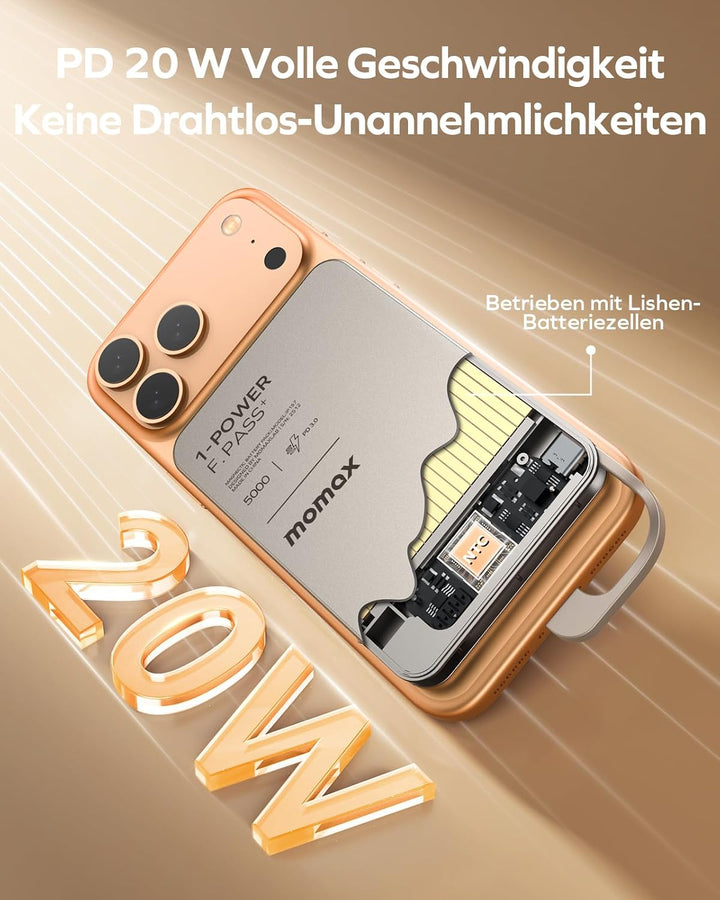 MOMAX Ultra-schlanke Powerbank 5000mAh mit Integriertem USB-C-Kabel, PD 20W Schnellladeakku für iPho