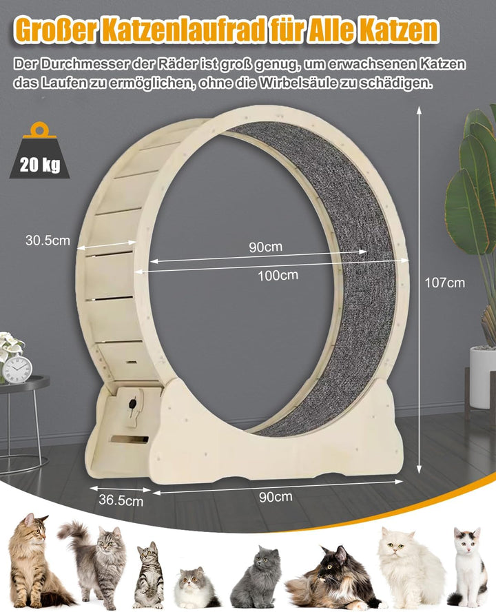 MIWOOYY Grosses Katzen-Laufrad 101,6 cm – natürliches Massivholz, Sicherheits-Laufband mit Schloss u