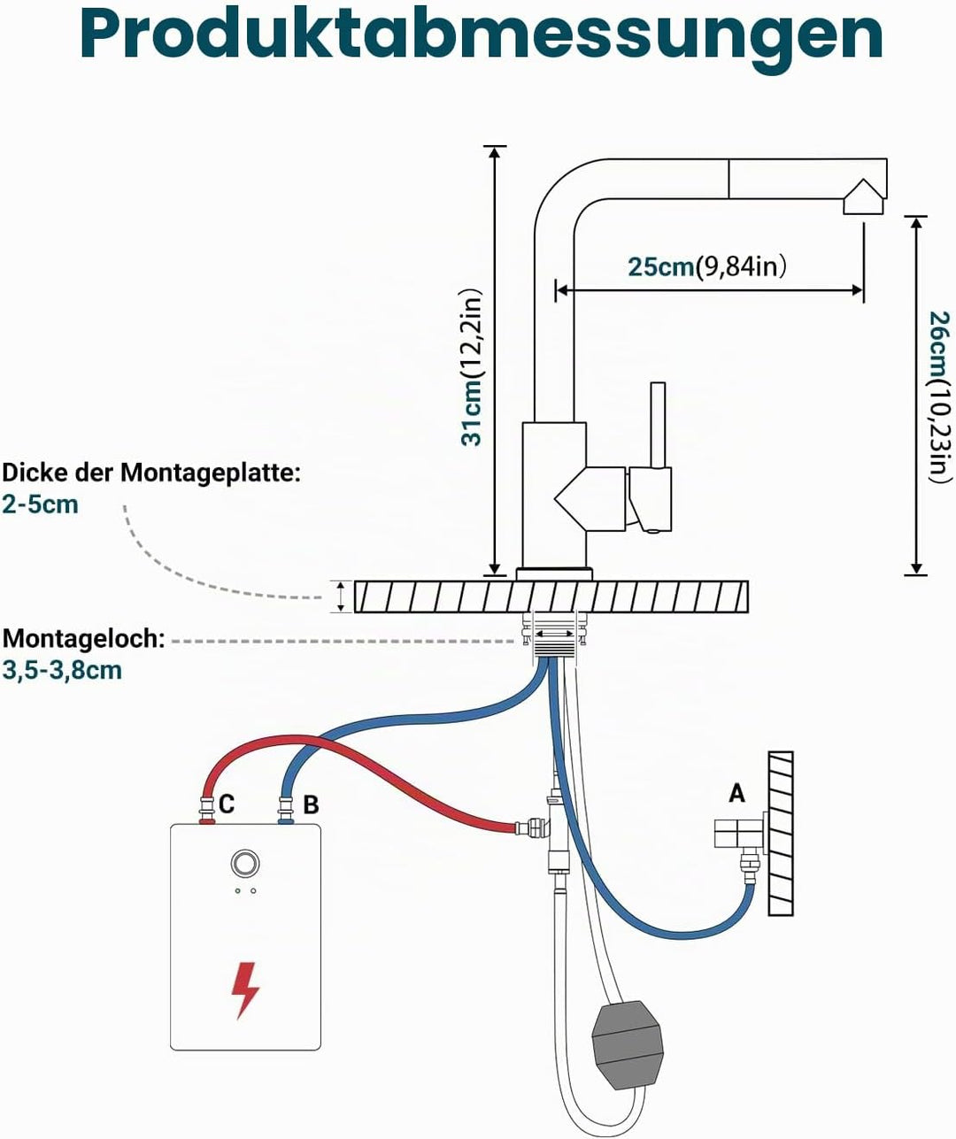 DAYONE Niederdruck Wasserhahn Küche mit Brause Ausziehbar, Küchenarmatur mit 3 Anschlüssen für Boile