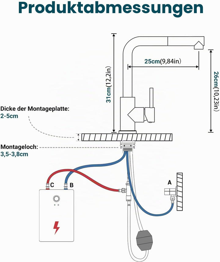DAYONE Niederdruck Wasserhahn Küche mit Brause Ausziehbar, Küchenarmatur mit 3 Anschlüssen für Boile