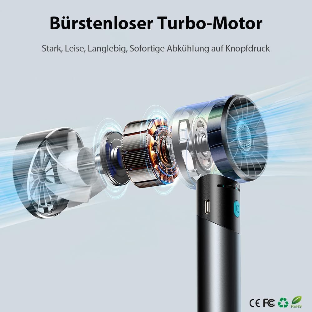 Handventilator Akku Aufladbar, Mini Stark Ventilator mit 7000 rpm Hohe Geschwindigkeit, Kleiner Meta