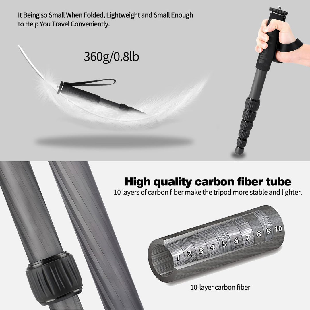 koolehaoda MP286C Einbeinstativ, Kohlefaser, 6-teilig, tragbar, Kompaktkamera-Einbeinstativ, Maximal
