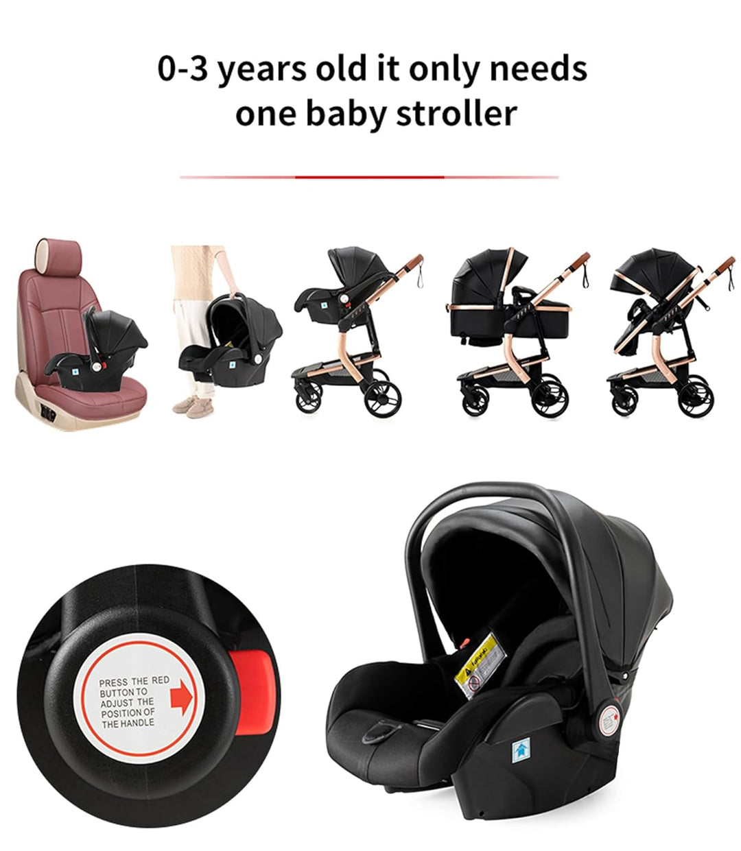 NADDLILY PU-Leder Kinderwagen 3 in 1, Buggy mit Umkehrbarem Zwei-Wege-Schub, Kinderwagen Faltbarem T