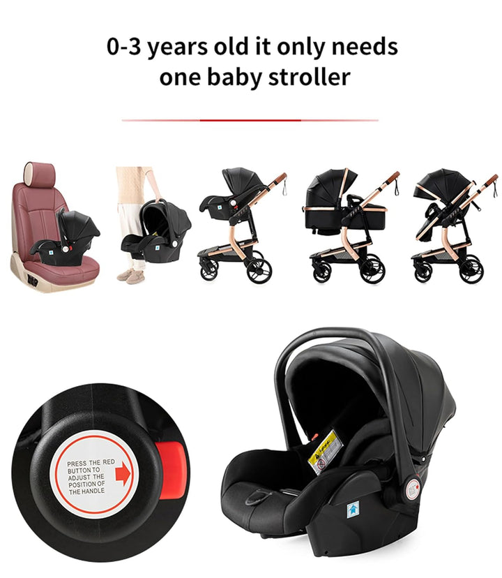 NADDLILY PU-Leder Kinderwagen 3 in 1, Buggy mit Umkehrbarem Zwei-Wege-Schub, Kinderwagen Faltbarem T