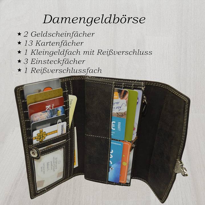 flevado Damengeldbörse Echt Leder RFID Schutz Schnallenoptik Klickverschluss 3 Farben wählbar (Schwa