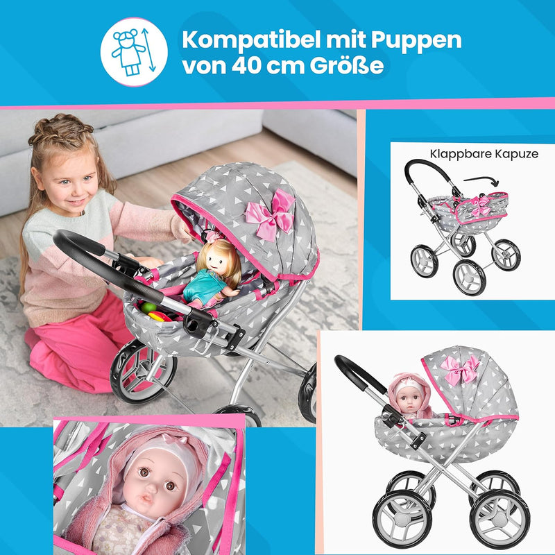 Kinderplay Puppenwagen ab 1 2 3 Jahre, Kinderwagen Spielzeug - Puppenwagen Kombi, Leichte und Stabil