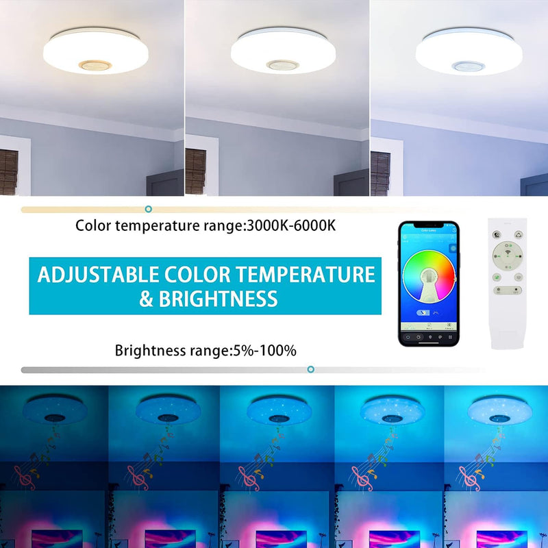 ELINKUME LED Dimmbare Deckenleuchte, 30W 30CM Runde Deckenlampe mit Bluetooth Lautsprecher, LED Farb