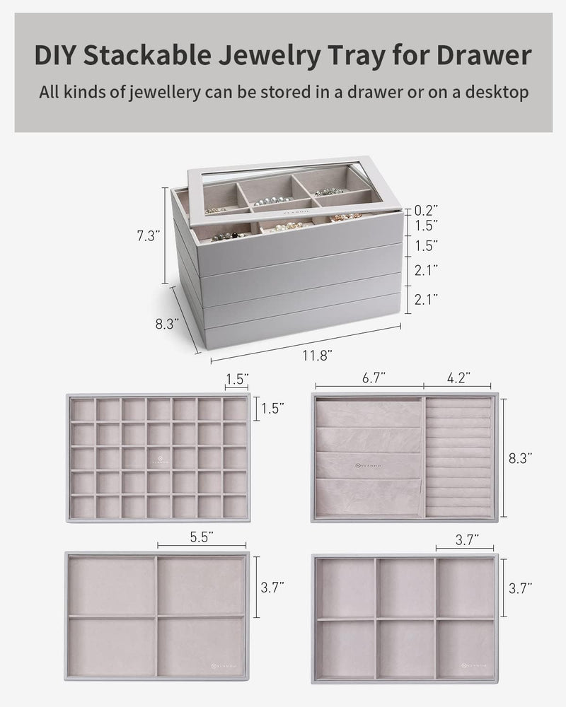 Vlando Stapelbare Schmucktabletts Glasdeckel, Schmuckkästchen Gross mit 4 Ebenen, Schmuck Organizer