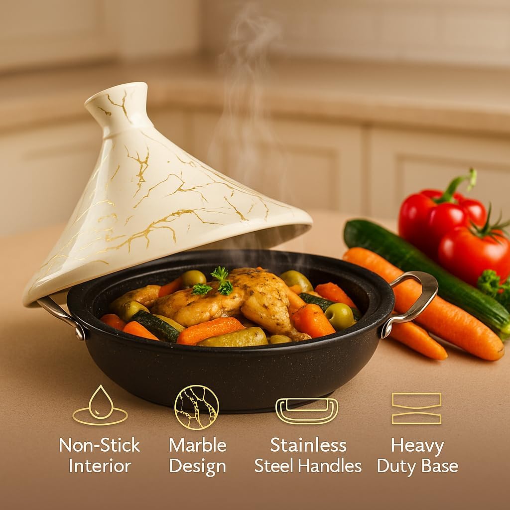 Royal Swiss Tajine 34 cm – Edelstahl mit Keramikdeckel & Dampfventil, Induktion & Alle Herdarten, En