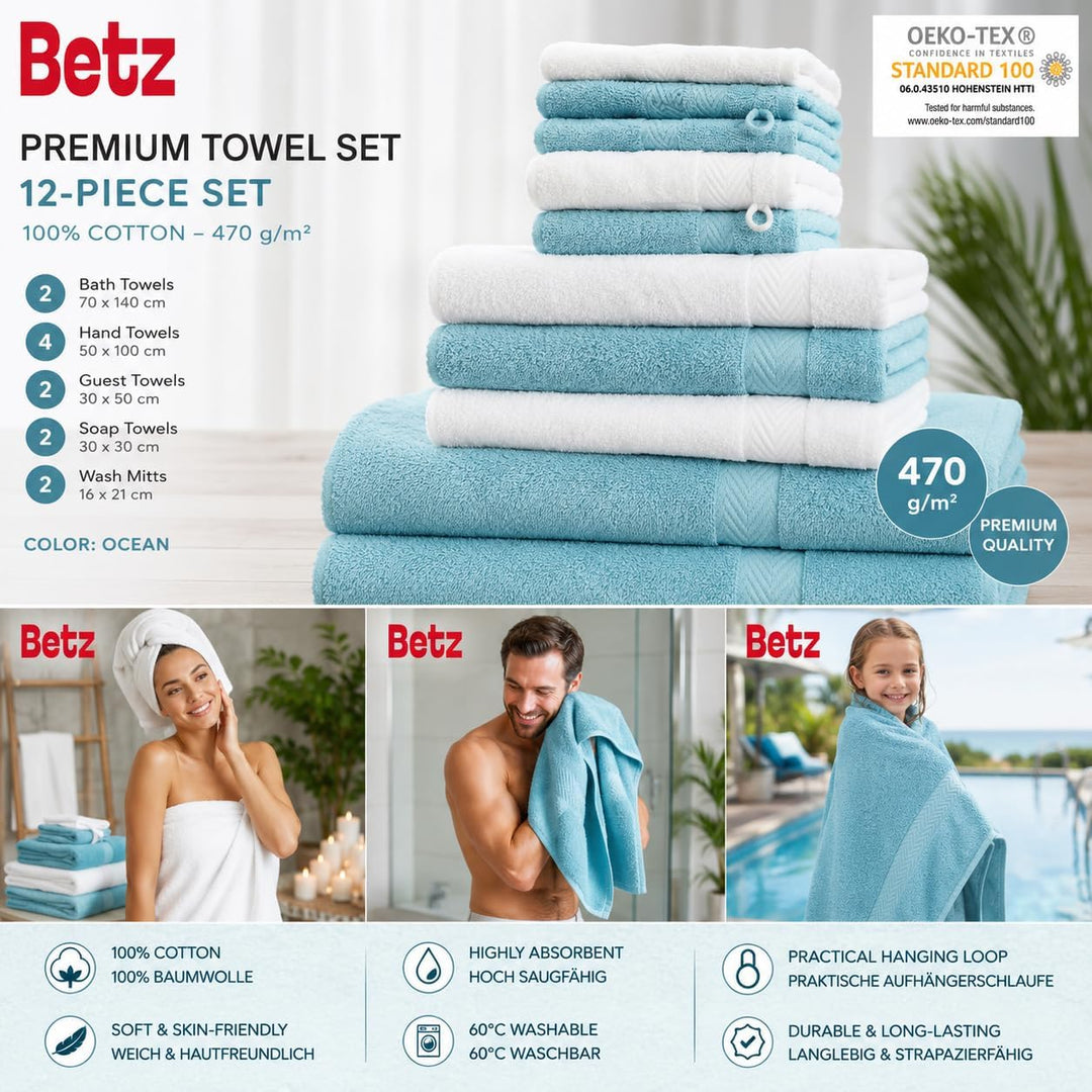 Betz 12-TLG. Handtuch Set Premium 100% Baumwolle 2 Duschtücher 4 Handtücher 2 Gästetücher 2 Seiftüch