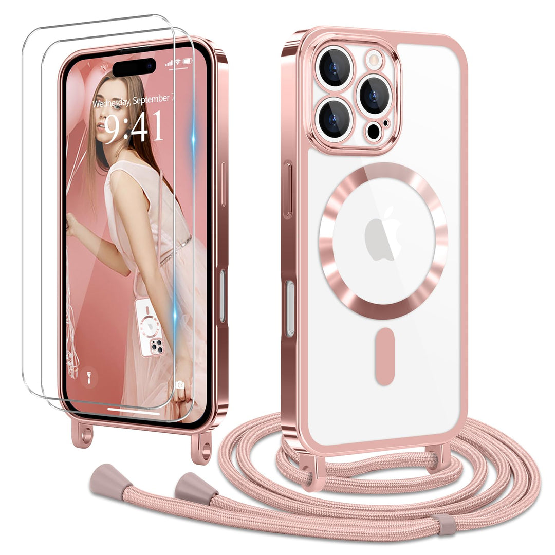Handyband für iPhone 16 Pro Hülle mit Band + 2 Stück Glas Schutzfolie Transparent Silikon Handyhülle
