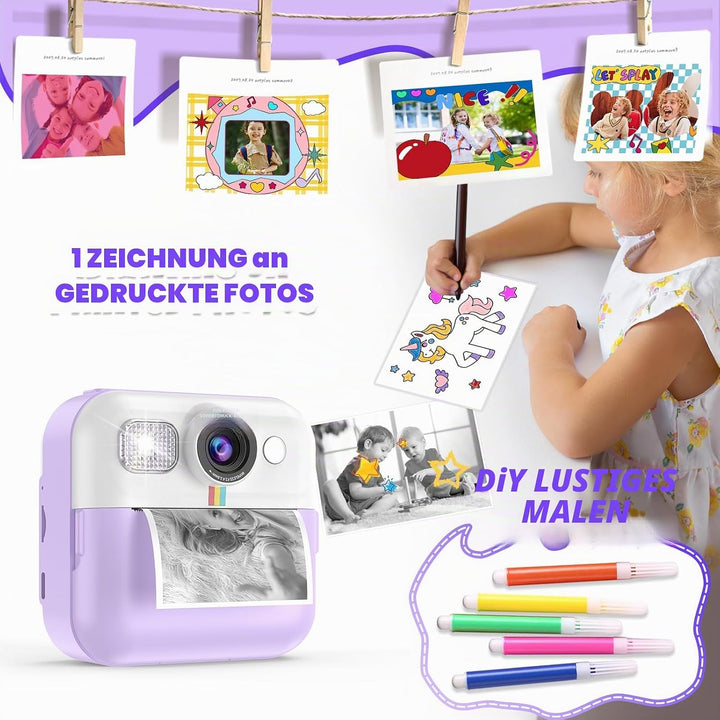 Kinderkamera Sofortbildkamera,Sofortbildkamera Kinder, 1080P Digitalkamera Kinder mit 32GB Karte Dru