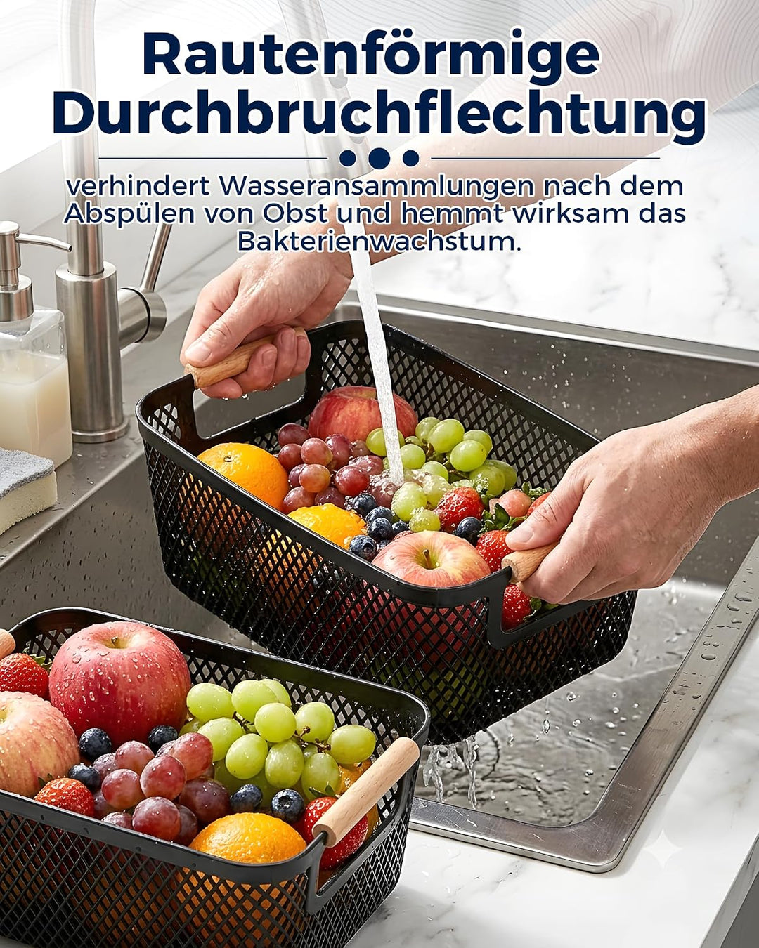 Aufbewahrungsbox Kunststoff Schwarz 6er Set, Kunststoff-Netzkörbe mit Holzgriff, offene Organizer Bo