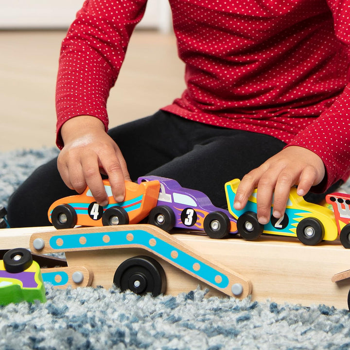 Melissa & Doug Mega Race-Car Carrier | Wooden Vehicles & Trains | Trucks & Vehicles | 7+ | Gift for