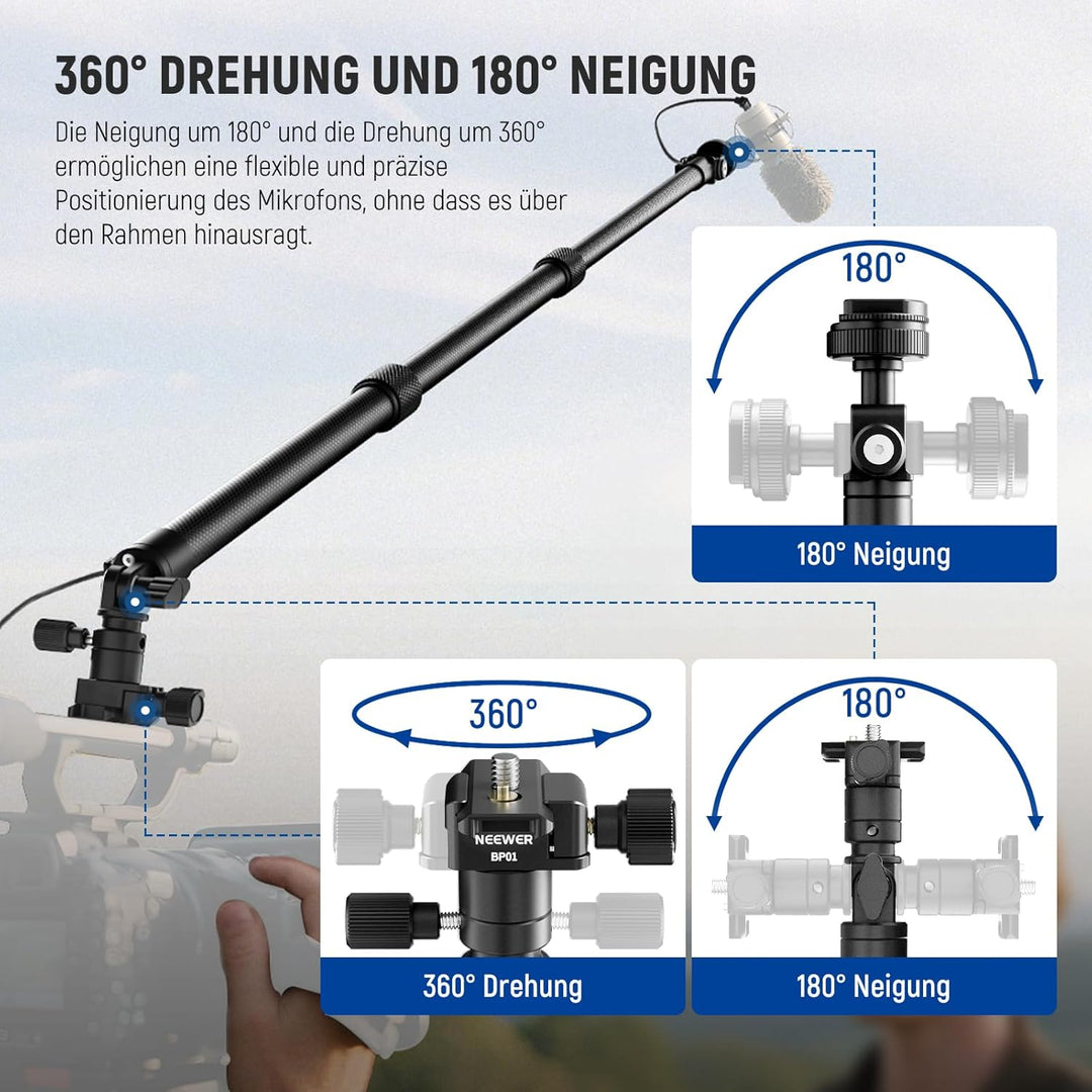 NEEWER Mikrofon Tonangel aus Kohlefaser, 44–92cm ausziehbar Microphone Boompole, Mic Arm mit integri