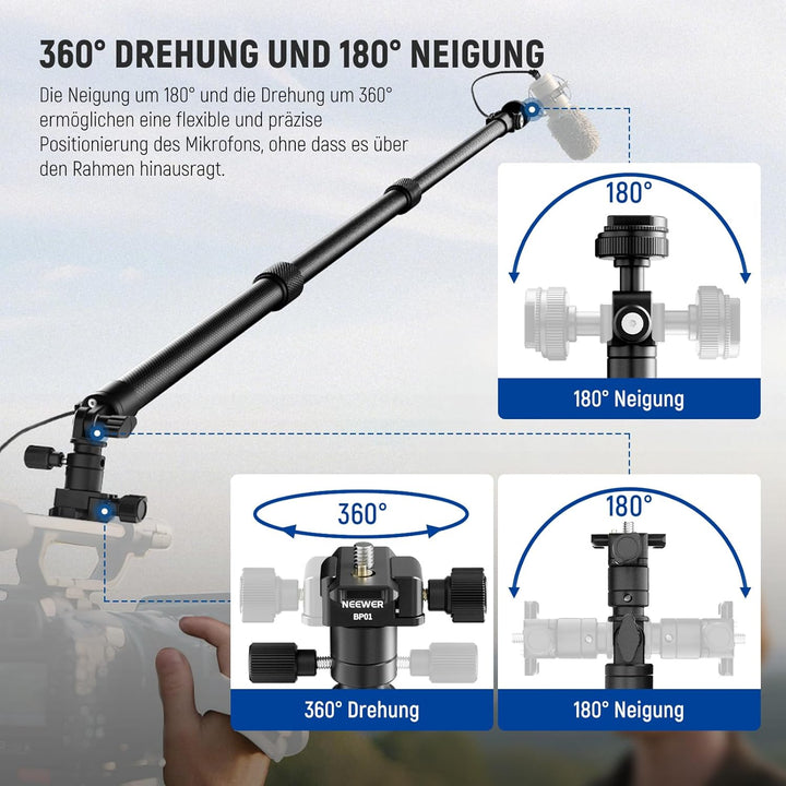 NEEWER Mikrofon Tonangel aus Kohlefaser, 44–92cm ausziehbar Microphone Boompole, Mic Arm mit integri