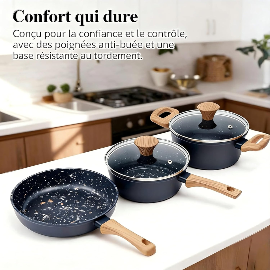 Topf & Pfanne Set grosse Bratpfanne - keramikbeschichteter Aluminiumholzgriff, alle Herdplatten (3,