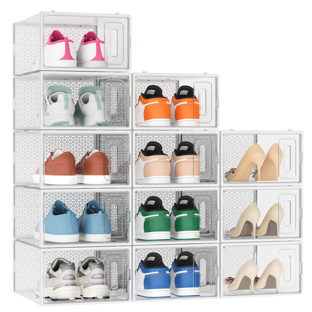 12er Set Schuhboxen stapelbar transparent, faltbare Schuh-Organizer
