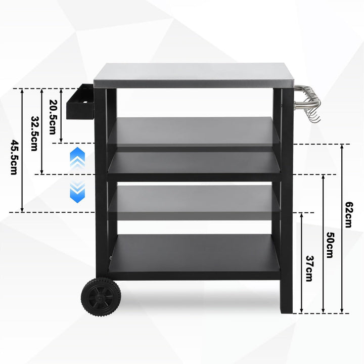 Grillwagen Höhenverstellbar, Grilltisch mit 3 Ablagen, 6 Haken, Griff & Gewürzregal, Outdoorküche Se