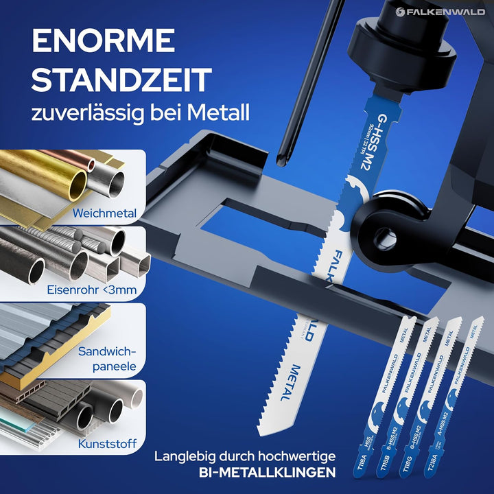 FALKENWALD® Stichsägeblätter Set 30tlg 18x Holz + 12x Metall - T-Schaft HCS, HSS &amp; Bi-Metall - Für W