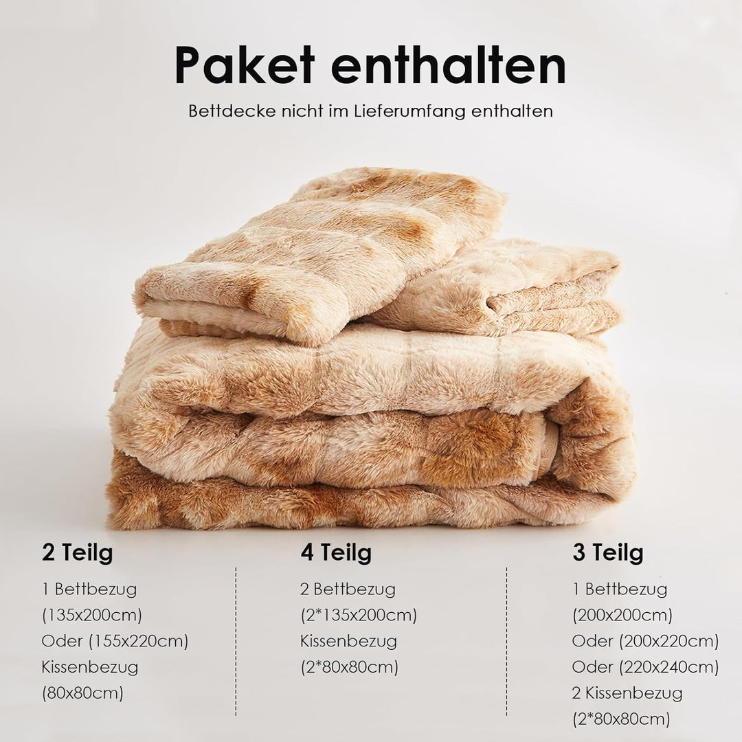 Freyamy Winter Bettwäsche 200x200 3tlg Braun Beige Gestreift,Warm Plüsch Langhaar Flauschig Bettwäsc