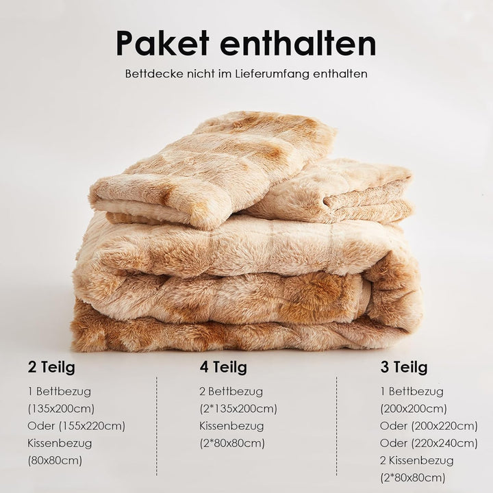 Freyamy Winter Bettwäsche 200x200 3tlg Braun Beige Gestreift,Warm Plüsch Langhaar Flauschig Bettwäsc